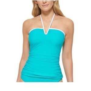 Calvin Klein V-Wire Bandeau Halter Tankini Swim Top Tropical Waters Blue XXL New